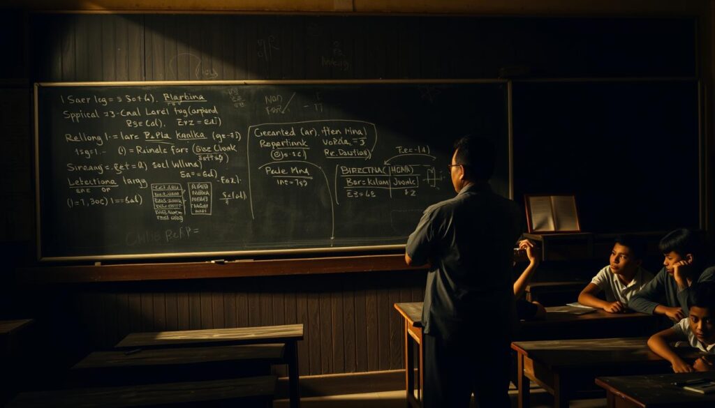 A dimly lit classroom, the blackboard covered in scribbled notes and half-erased equations. In the foreground, a teacher stands wearily, arms crossed, a pensive expression on their face as they gaze upon a group of students, each lost in their own thoughts. The students themselves are seated at worn desks, their faces a mix of confusion, frustration, and resignation. The lighting is warm and muted, casting long shadows that stretch across the floor, hinting at the heavy burden of "Kurikulum Merdeka" and its challenges. The overall atmosphere is one of uncertainty and the struggle to adapt to a new educational landscape.