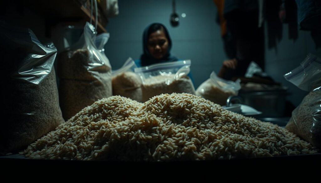 A dimly lit kitchen counter, cluttered with bags of mixed rice, their contents spilling out in a disarray of discolored grains. The scene evokes a sense of unease, as the viewer is drawn into the unsavory practice of "beras oplosan" - the adulteration of premium rice with cheaper, inferior varieties. The foreground is hazy, the focus drawn to the shadowy figures in the background, their expressions conveying a mix of concern and resignation. The lighting is harsh, casting deep shadows that hint at the broader societal and economic impacts of this deceptive practice. The overall atmosphere is one of tarnished trust, a cautionary tale of the consequences that ripple through communities when greed and corner-cutting undermine the integrity of a fundamental staple.