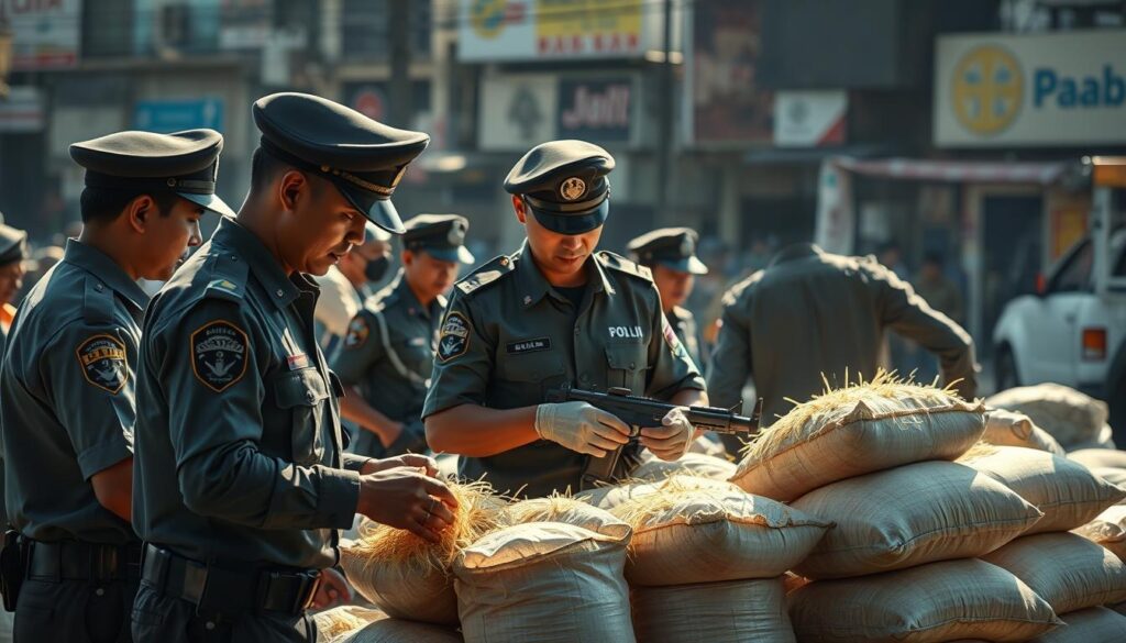 A high-resolution, photorealistic image of a joint operation between the Indonesian National Police (Polri) and the Ministry of Agriculture (Kementan), set against a backdrop of a bustling urban environment. The scene depicts a group of uniformed officers from both agencies working together, examining and inspecting sacks of rice. The lighting is dramatic, with a mix of natural sunlight and harsh, directional lighting, casting sharp shadows and highlights on the faces and equipment of the officers. The composition places the central action in the foreground, with a sense of depth and activity in the middle and background, suggesting the scale and complexity of the operation. The overall mood is one of seriousness, professionalism, and a determined effort to address the issue of adulterated rice.