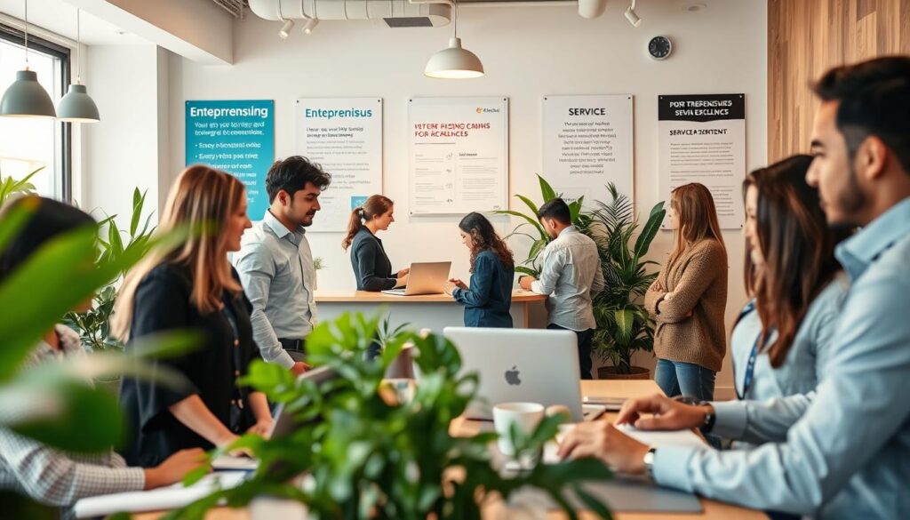 A busy small business environment showcasing various service-oriented activities. In the foreground, a diverse group of professionals, including a woman in a smart blouse and a man in a tailored shirt, are engaging in discussions, with laptops and project materials on a table. The middle of the scene features a reception area with a friendly receptionist and clients consulting about various services, surrounded by plants for a welcoming atmosphere. In the background, a wall with motivational posters about entrepreneurship and service excellence is visible. The lighting is soft and warm, creating an inviting mood, with a slight lens blur on the edges to focus on the cooperative interactions in this thriving workspace. A busy small business environment showcasing various service-oriented activities. In the foreground, a diverse group of professionals, including a woman in a smart blouse and a man in a tailored shirt, are engaging in discussions, with laptops and project materials on a table. The middle of the scene features a reception area with a friendly receptionist and clients consulting about various services, surrounded by plants for a welcoming atmosphere. In the background, a wall with motivational posters about entrepreneurship and service excellence is visible. The lighting is soft and warm, creating an inviting mood, with a slight lens blur on the edges to focus on the cooperative interactions in this thriving workspace.