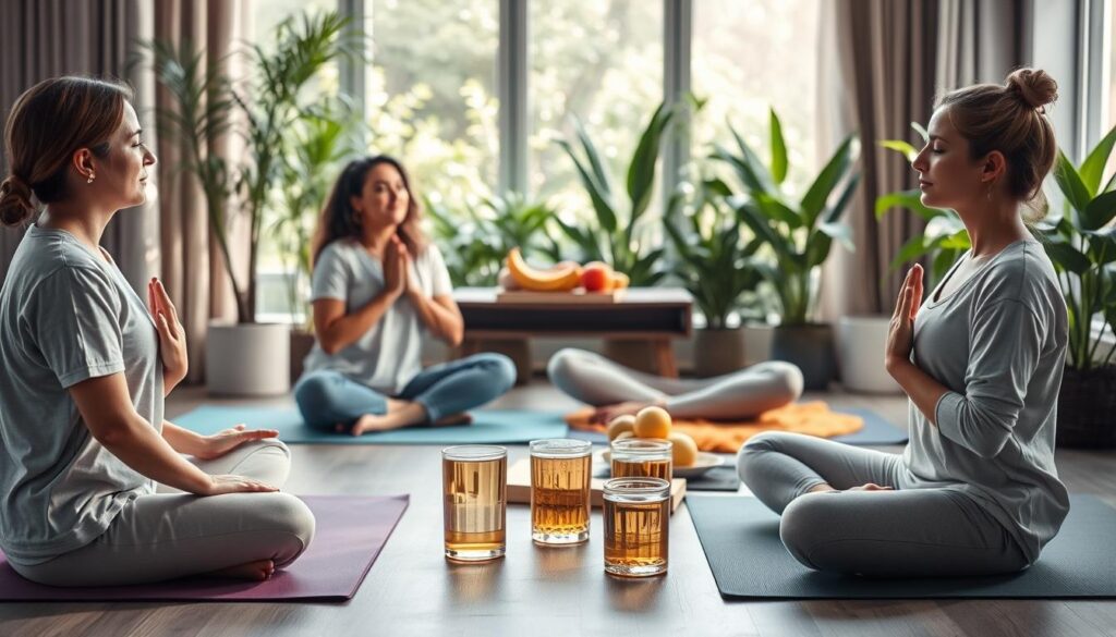 A calming wellness scene depicting an effective method to alleviate bloating. In the foreground, a diverse group of three individuals in modest casual clothing are demonstrating relaxation techniques, such as deep breathing or gentle stretching. They are seated on yoga mats in a serene indoor environment, with soft natural lighting that creates a peaceful ambiance. In the middle ground, a table is set with herbal teas and fresh fruits, symbolizing dietary solutions to bloating. The background features lush greenery, adding a touch of nature to evoke tranquility. The overall mood is soothing and encouraging, designed to convey a sense of relief and comfort. A calming wellness scene depicting an effective method to alleviate bloating. In the foreground, a diverse group of three individuals in modest casual clothing are demonstrating relaxation techniques, such as deep breathing or gentle stretching. They are seated on yoga mats in a serene indoor environment, with soft natural lighting that creates a peaceful ambiance. In the middle ground, a table is set with herbal teas and fresh fruits, symbolizing dietary solutions to bloating. The background features lush greenery, adding a touch of nature to evoke tranquility. The overall mood is soothing and encouraging, designed to convey a sense of relief and comfort.