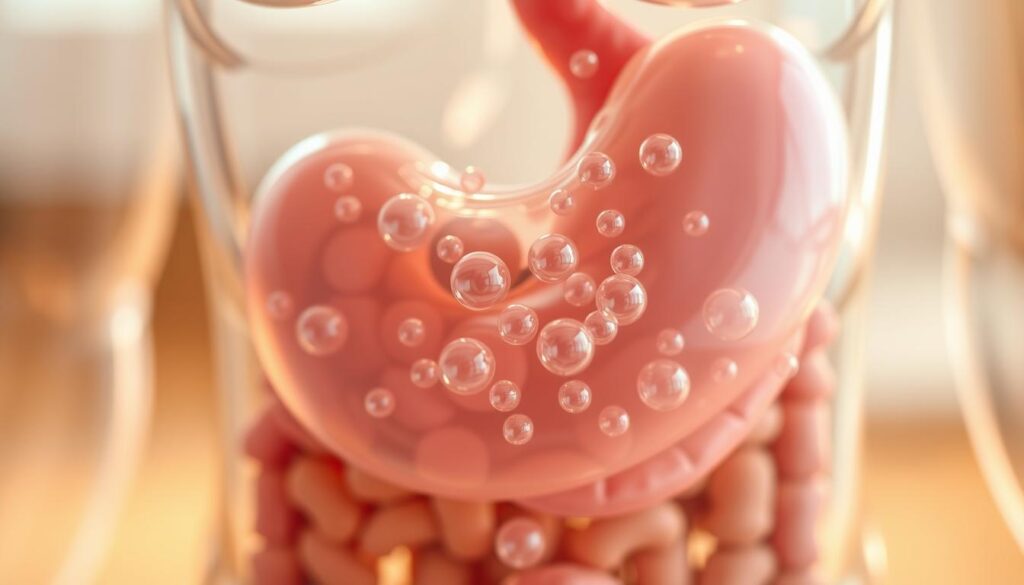 A close-up view of a human digestive system rendered in a detailed, anatomical style, emphasizing the stomach region where bloating occurs. The foreground features a transparent stomach filled with bubbles and excess gas, showcasing the culprits of bloating like food particles and gas. In the middle ground, display rich foods that commonly cause bloating, such as beans, broccoli, and carbonated drinks, artistically arranged. The background should be softly blurred with warm, inviting hues to create a calming atmosphere, suggesting wellness. Bright, natural lighting illuminates the scene from the top left to enhance detail and focus. The lens angle is slightly tilted to add depth and interest while keeping the overall composition educational and informative. A close-up view of a human digestive system rendered in a detailed, anatomical style, emphasizing the stomach region where bloating occurs. The foreground features a transparent stomach filled with bubbles and excess gas, showcasing the culprits of bloating like food particles and gas. In the middle ground, display rich foods that commonly cause bloating, such as beans, broccoli, and carbonated drinks, artistically arranged. The background should be softly blurred with warm, inviting hues to create a calming atmosphere, suggesting wellness. Bright, natural lighting illuminates the scene from the top left to enhance detail and focus. The lens angle is slightly tilted to add depth and interest while keeping the overall composition educational and informative.