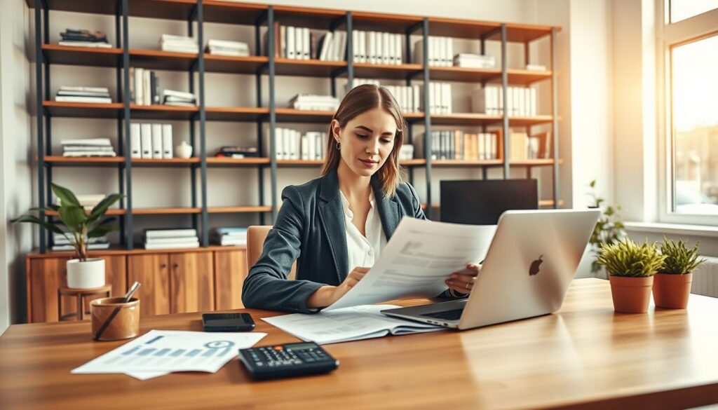 A focused shot of a professional woman sitting at a stylish wooden desk in a well-lit home office. She is reviewing financial documents and using a laptop, dressed in a smart casual outfit. Beside her, there’s a calculator, charts, and a potted plant that adds a touch of greenery. In the background, sleek shelves filled with books and financial resources create an organized, inspiring atmosphere. The scene is bathed in warm, natural light coming from a large window, emphasizing productivity and calmness. The camera angle is slightly above eye level, highlighting her engaged expression as she manages her home business finances, conveying a sense of confidence and professionalism. A focused shot of a professional woman sitting at a stylish wooden desk in a well-lit home office. She is reviewing financial documents and using a laptop, dressed in a smart casual outfit. Beside her, there’s a calculator, charts, and a potted plant that adds a touch of greenery. In the background, sleek shelves filled with books and financial resources create an organized, inspiring atmosphere. The scene is bathed in warm, natural light coming from a large window, emphasizing productivity and calmness. The camera angle is slightly above eye level, highlighting her engaged expression as she manages her home business finances, conveying a sense of confidence and professionalism.