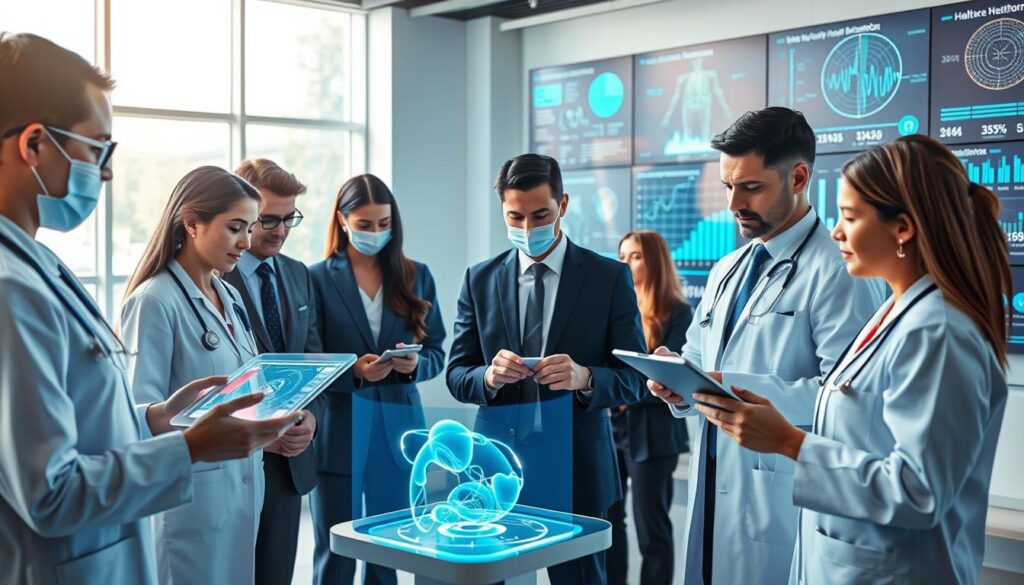 A futuristic healthcare setting showcasing advanced medical technology. In the foreground, a diverse group of healthcare professionals in professional business attire, deeply engaged with holographic displays of medical data and patient information. The middle ground features state-of-the-art diagnostic tools, such as a virtual reality surgery simulator and AI-driven health monitoring devices. In the background, sleek digital screens adorn the walls, displaying real-time health statistics and insights. Soft, natural lighting filters through large windows, creating a bright yet calming atmosphere. The mood is one of innovation and collaboration in a modern, high-tech environment, emphasizing the transformative power of technology in healthcare.