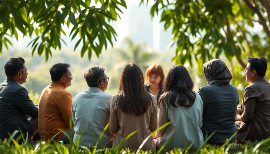 A serene yet thought-provoking scene depicting the mental health challenges in Indonesia. In the foreground, a diverse group of individuals—men and women of various ages and ethnic backgrounds—sit together in a circle, engaging in a supportive discussion. They are dressed in professional business attire and modest casual clothing. In the middle ground, lush tropical greenery symbolizes growth and hope, while soft, diffused sunlight filters through the leaves, creating a warm and inviting atmosphere. The background features a subtle, blurred urban skyline to represent the context of mental health in a bustling city. The overall mood is one of encouragement, connection, and resilience, highlighting the importance of addressing mental health stigma and fostering a supportive community.
