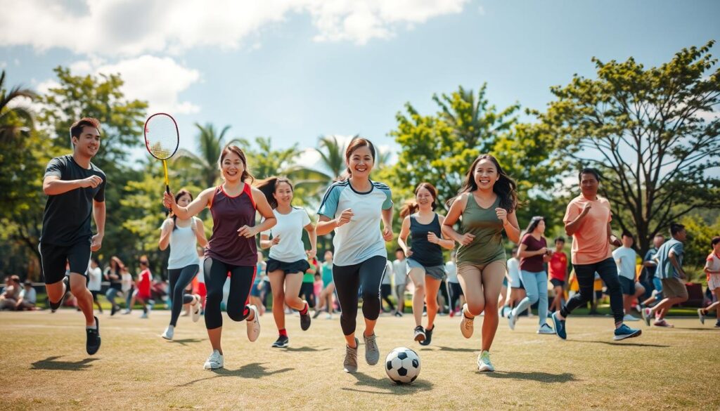 A vibrant and dynamic scene showcasing popular sports in Indonesia, highlighting their benefits. In the foreground, a diverse group of individuals, both men and women in professional sports attire, are engaged in various sports activities such as badminton, soccer, and running. They exude energy and enthusiasm. The middle ground features a bustling community park where people of different ages participate in sports, illustrating a sense of unity and health. In the background, lush green trees and a bright blue sky enhance the atmosphere of vitality and wellness. The lighting is warm and inviting, capturing the essence of a sunny day, with a slight depth of field effect to focus on the athletes. The overall mood is cheerful, motivating, and uplifting.