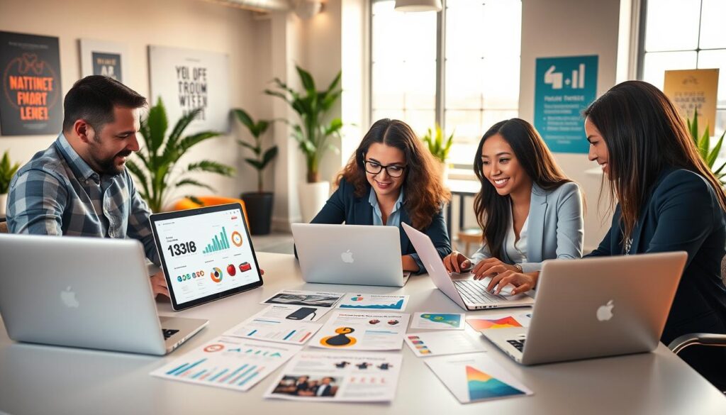 A vibrant, dynamic workspace illustrating affiliate marketing strategies. In the foreground, a diverse group of three professionals, two men and one woman, dressed in smart casual attire, are gathered around a table, engaging with laptops and digital devices, displaying charts and graphs on their screens. The middle layer features colorful infographics and product images spread out on the table, signifying various affiliate products. The background showcases a bright, modern office environment with large windows letting in natural light, plants, and motivational posters on the walls. The scene conveys a collaborative and innovative atmosphere, emphasizing productivity and teamwork in affiliate marketing. The lighting is warm and inviting, suggesting a sense of focus and inspiration. A vibrant, dynamic workspace illustrating affiliate marketing strategies. In the foreground, a diverse group of three professionals, two men and one woman, dressed in smart casual attire, are gathered around a table, engaging with laptops and digital devices, displaying charts and graphs on their screens. The middle layer features colorful infographics and product images spread out on the table, signifying various affiliate products. The background showcases a bright, modern office environment with large windows letting in natural light, plants, and motivational posters on the walls. The scene conveys a collaborative and innovative atmosphere, emphasizing productivity and teamwork in affiliate marketing. The lighting is warm and inviting, suggesting a sense of focus and inspiration.