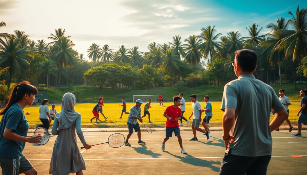 A vibrant scene depicting popular sports in Indonesia, showcasing a diverse group of people engaged in various activities such as badminton, soccer, and basketball. In the foreground, a group of enthusiastic players in modest casual sportswear are actively playing badminton, demonstrating teamwork and skill. The middle ground features a soccer field where players are engaging in a match, displaying a spirit of competition. The background captures lush green landscapes typical of Indonesian parks, with palm trees swaying under a bright blue sky. The lighting is warm and inviting, as the sun sets, creating a golden hour effect. The atmosphere is filled with energy and excitement, reflecting the passion Indonesians have for sports. Use a wide-angle lens to capture the entire scene, emphasizing community engagement in sports.