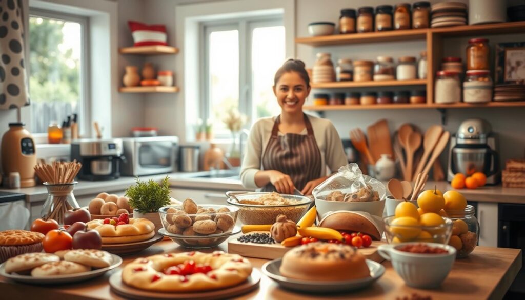 A warm, inviting kitchen setting that showcases a successful home-based culinary business. In the foreground, a well-organized table displays an array of freshly baked goods, vibrant fruits, and colorful spices, emphasizing an atmosphere of delicious creativity. In the middle, a smiling business owner in modest casual clothing prepares dishes with care, surrounded by kitchen appliances and utensils, conveying a sense of passion and professionalism. The background features shelves filled with jars of ingredients and cookbooks, bathed in soft, natural light from a nearby window, enhancing the homey feel. The scene captures a blend of culinary artistry and entrepreneurial spirit, evoking a mood of warmth, success, and inspiration. Use a warm color palette to heighten the inviting ambiance. The photo should have a shallow depth of field to focus on the foreground elements while gently blurring the background, creating a cozy, intimate atmosphere. A warm, inviting kitchen setting that showcases a successful home-based culinary business. In the foreground, a well-organized table displays an array of freshly baked goods, vibrant fruits, and colorful spices, emphasizing an atmosphere of delicious creativity. In the middle, a smiling business owner in modest casual clothing prepares dishes with care, surrounded by kitchen appliances and utensils, conveying a sense of passion and professionalism. The background features shelves filled with jars of ingredients and cookbooks, bathed in soft, natural light from a nearby window, enhancing the homey feel. The scene captures a blend of culinary artistry and entrepreneurial spirit, evoking a mood of warmth, success, and inspiration. Use a warm color palette to heighten the inviting ambiance. The photo should have a shallow depth of field to focus on the foreground elements while gently blurring the background, creating a cozy, intimate atmosphere.